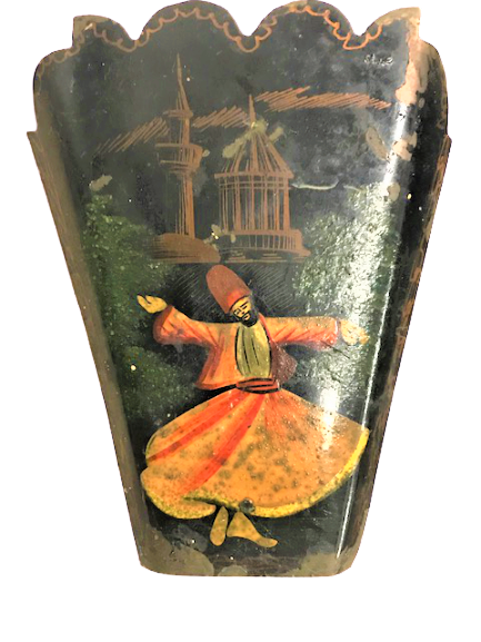 1960 KONYA YADİGARI MEVLANA VE TURBE  TAVSİRLİ EL BOYAMA TENEKE METAL CEPLİ AHŞAP TAHTA   KAŞIK CATAL SAPLAR YAZILI