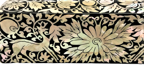 AHŞAP ÜZERİNE SEDEF TESTERE EL İŞİ ANKA KUŞ VE CEYLAN FUGURLU KAPAKLI  MUCEVHER KUTUSU