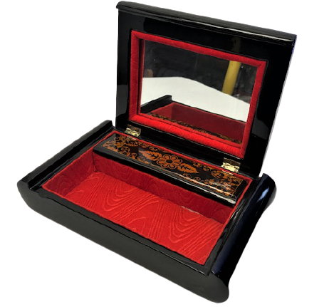 AYNALI KAPAKLI İÇİ BÖLMELİ ÜZERİ MARKUTERİ İŞCİLİKLİ LAKE  MÜCEVHER KUTUSU