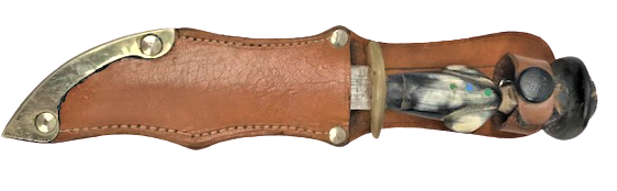 GUATEMALA COK RENKLİ YAŞAMLARINDAN EL İŞİ BOYNUZ SAPLI DERİ KININDA DEKORATİF FİGURLU KOLEKSİYON  KAMA 