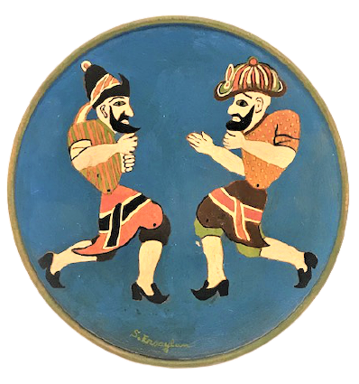 SANATCI İMZALI HACİVAT KARAGÖZ  FÜGÜRLÜ AHŞAP TABAK ÜZERİNE YAGLI BOYA DUVAR TABAGI