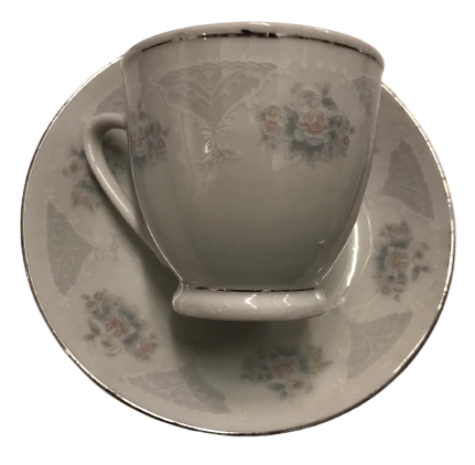 2 ADET ESKİ CİN PORSELENİNDEN TİRYAKİ KAHVE FİNCANI  TABAK VE FİNCAN CİCEK DESENLİ KENARLAR GÜMÜŞ EL CEKME 