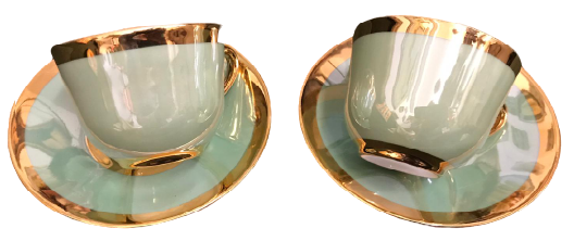  ÖZEL TASARIM  EL YAPIM SU YEŞİLİ ÜZERİ ALTIN CEKME ALMAN MALI FİNCAN TAKIMI SERİ NUMARALI KADİFE KUTUSUNDA 