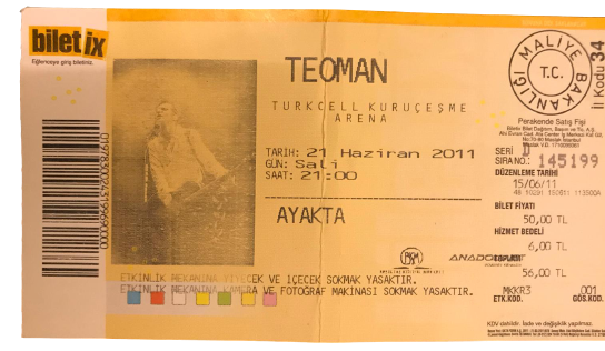 TEOMAN TURKCELL KURUCEŞME ARENA 21 HAZİRAN 2011 SAAT 21,00  KONSER BİLETİ AYAKTA 