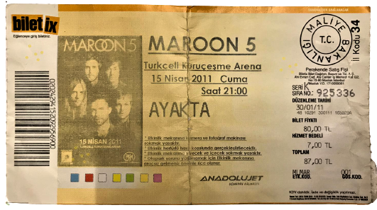 MAROON 5 TURKCELL KURUCEŞME ARENE 15 NİSAN 2011 SAAT 21,00 AYAKTA  KONSER BİLETİ