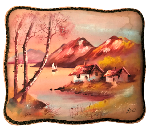 EL YAPIM KOPLE BEZ ÜZERİ YAGLI BOYA VE NELLY İMZALI RESİMLİ  CUKULATA ŞEKERLEME KUTUSU