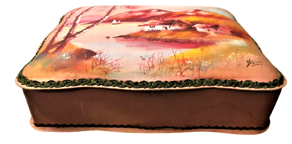 EL YAPIM KOPLE BEZ ÜZERİ YAGLI BOYA VE NELLY İMZALI RESİMLİ  CUKULATA ŞEKERLEME KUTUSU