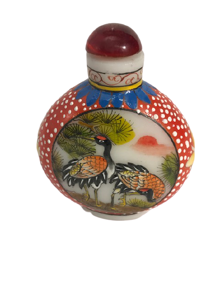 OPALİN ÜZERİ EL İŞLEME MİNELİ RESİM KUS TEMALI KAPAKLI PARFUM ŞİŞESİ