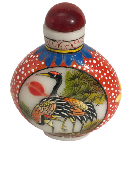 OPALİN ÜZERİ EL İŞLEME MİNELİ RESİM KUS TEMALI KAPAKLI PARFUM ŞİŞESİ