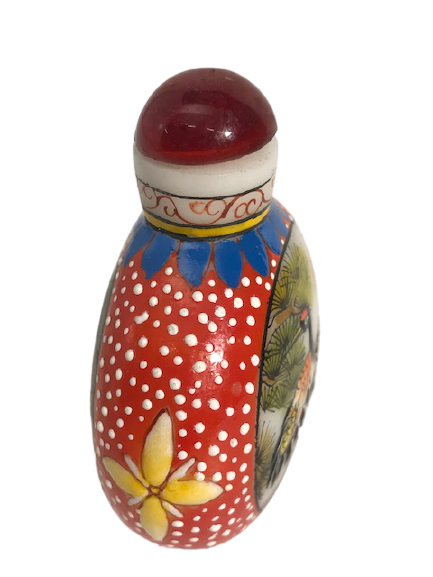 OPALİN ÜZERİ EL İŞLEME MİNELİ RESİM KUS TEMALI KAPAKLI PARFUM ŞİŞESİ