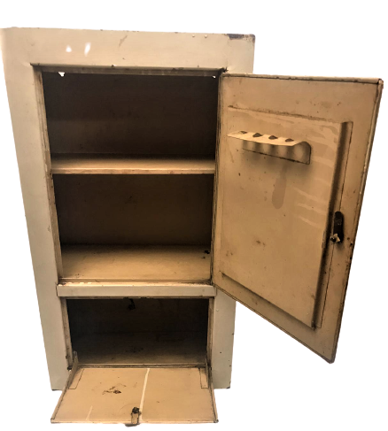 1960 LI YILLARIN TENEKE AYNALI CİFT GÖZLU ALTI RAFLI ECZA DOLABI