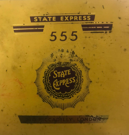 STATE EXPRESS 555 CIGARETTE TIN, 'SPECIALLY PACKED FOR AIR INDIA', VERY GOOD TENEKE BOŞ KUTU 