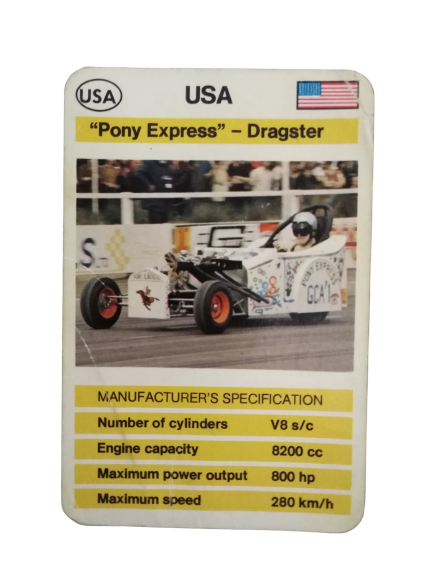 FX SCHMİD DUBREQ LİMİTED  MANUFACTURER'S SPECIFICATION KARTON OYUN KARTI  USA PONY EXPRESS-DRAGSTER