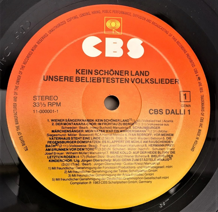 CBS KEIN SCHÖNER LAND UNSERE BELIEBTESTEN VOLKSLIEDER LP PLAK