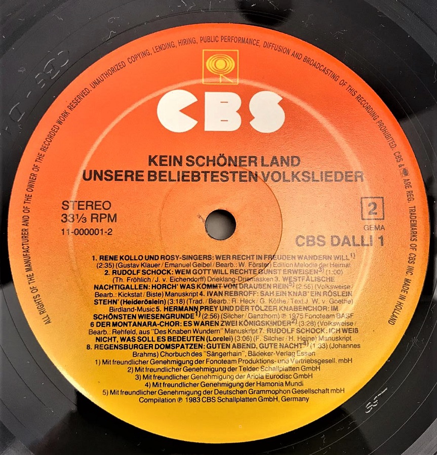CBS KEIN SCHÖNER LAND UNSERE BELIEBTESTEN VOLKSLIEDER LP PLAK