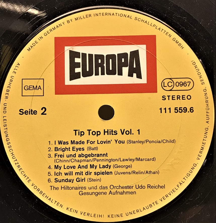 EUROPA TİP TOP HİTS VOL 1 LP UZUN CALAR 33 DEVİR PLAK STEREO  ORJİNAL