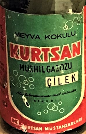 MEYVE KOKULU KURTSAN MÜSHİL GAZOZU ŞİŞESİ ÇİLEKLİ 1965 DOLUM TARİHLİ 330 KURUŞ 