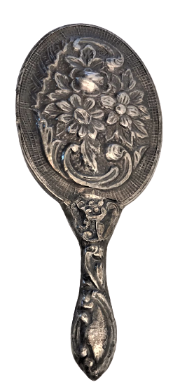 GÜMÜŞ AYAR DAMGALI CİCEK ROLYEF DESENLİ BAYAN MAKYAJ AYNASI 