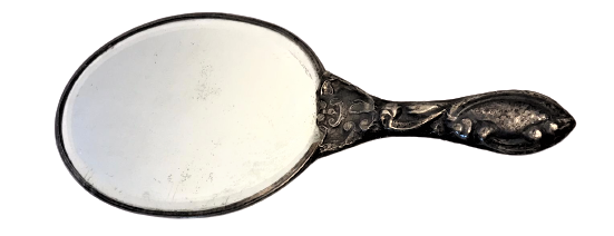 GÜMÜŞ AYAR DAMGALI CİCEK ROLYEF DESENLİ BAYAN MAKYAJ AYNASI 