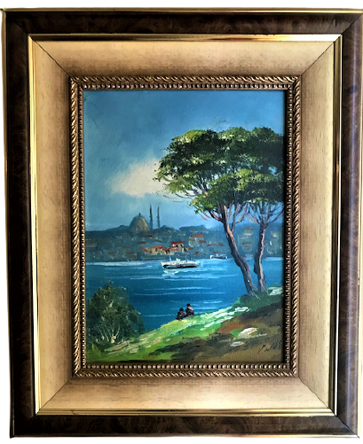 İMZALI ŞASE ÜZERİNE TUAL YAGLI BOYA CALIŞMA İSTANBUL BOGAZ MANZARASI  TABLO