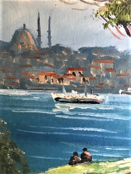 İMZALI ŞASE ÜZERİNE TUAL YAGLI BOYA CALIŞMA İSTANBUL BOGAZ MANZARASI  TABLO