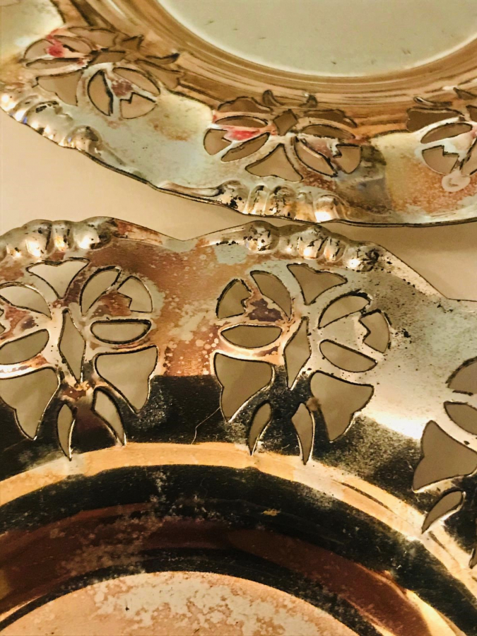 6 ADET  GÜMÜŞ KAPLAMA CAY TABAGI KENAR KISIMLAR GEOMETRİK ŞEKİLLİ