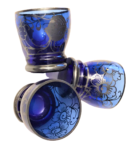 3 ADET EL GÜMÜŞ CEKME  OSMANLI KOBALT MAVİSİ CAM UFAK KADEH 4.5 CM BOYUNDADIR
