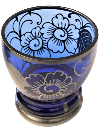 3 ADET EL GÜMÜŞ CEKME  OSMANLI KOBALT MAVİSİ CAM UFAK KADEH 4.5 CM BOYUNDADIR