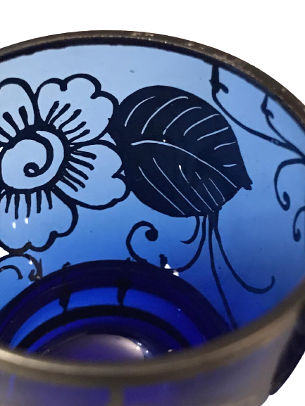 3 ADET EL GÜMÜŞ CEKME  OSMANLI KOBALT MAVİSİ CAM UFAK KADEH 4.5 CM BOYUNDADIR