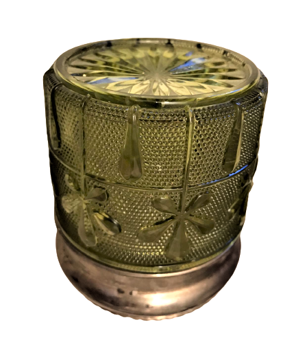 OSMANLI PAZARINA YAPILMIŞ FAİNS DEPOSE KAPAKLI MAKYAJ PAMUK KABI SU YEŞİLİ KABARMA İŞLEMELİ CAM  KAPAK SOUK MİNE 1920