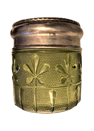 OSMANLI PAZARINA YAPILMIŞ FAİNS DEPOSE KAPAKLI MAKYAJ PAMUK KABI SU YEŞİLİ KABARMA İŞLEMELİ CAM  KAPAK SOUK MİNE 1920