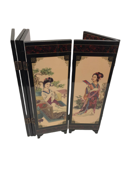 MASA ÜZERİ PARAVAN AHŞAP ÜZERİ  SAF ALTIN EL BOYAMA RESİMLERLE SÜSLEMELİ 6 PARCALI CİFT TARAFLI  LAKE CİLA KAPLI