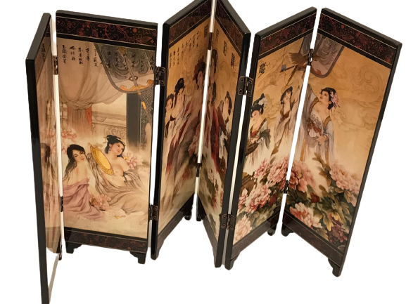 MASA ÜZERİ PARAVAN AHŞAP ÜZERİ  SAF ALTIN EL BOYAMA RESİMLERLE SÜSLEMELİ 6 PARCALI CİFT TARAFLI  LAKE CİLA KAPLI