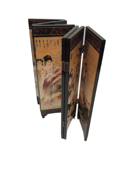 MASA ÜZERİ PARAVAN AHŞAP ÜZERİ  SAF ALTIN EL BOYAMA RESİMLERLE SÜSLEMELİ 6 PARCALI CİFT TARAFLI  LAKE CİLA KAPLI