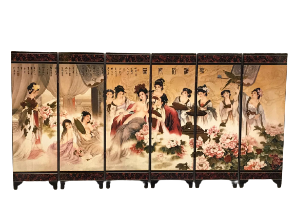 MASA ÜZERİ PARAVAN AHŞAP ÜZERİ  SAF ALTIN EL BOYAMA RESİMLERLE SÜSLEMELİ 6 PARCALI CİFT TARAFLI  LAKE CİLA KAPLI