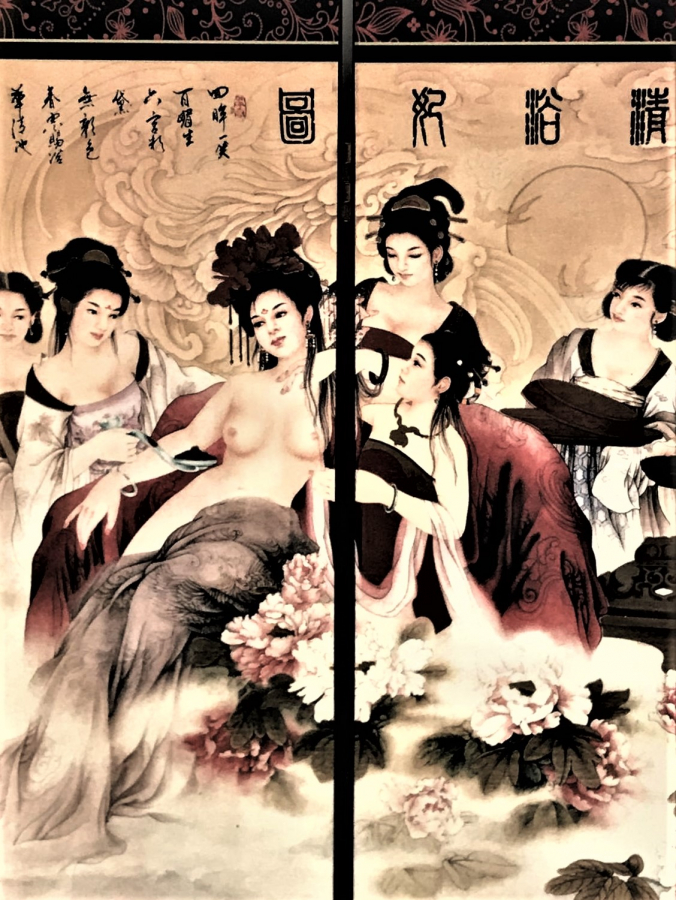 MASA ÜZERİ PARAVAN AHŞAP ÜZERİ  SAF ALTIN EL BOYAMA RESİMLERLE SÜSLEMELİ 6 PARCALI CİFT TARAFLI  LAKE CİLA KAPLI