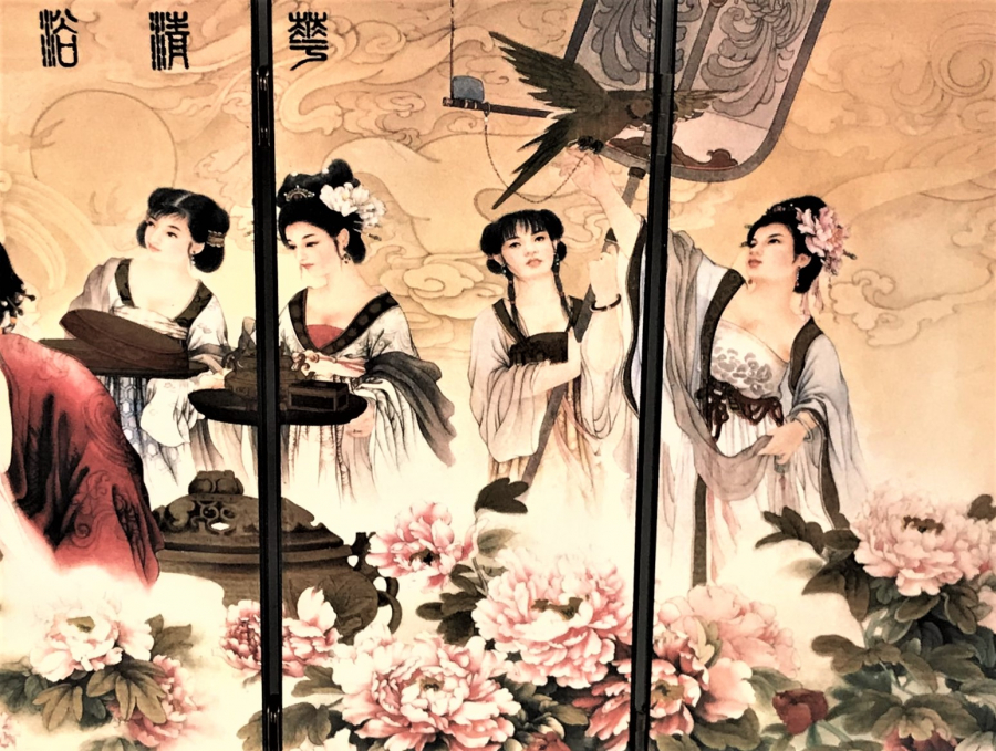 MASA ÜZERİ PARAVAN AHŞAP ÜZERİ  SAF ALTIN EL BOYAMA RESİMLERLE SÜSLEMELİ 6 PARCALI CİFT TARAFLI  LAKE CİLA KAPLI