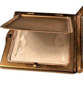 ÜZERİ SEDEF İŞLEMELİ ENGLAND MELİSSA ALTIN KAPLAMA CANTA İÇİ AYNALI KAPAKLI PUDRA KABI