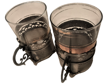 OSMANLI DAMGALI CİFT ISTAKA ÜZERİ KALEM İŞ KENDİ ALTIN  AGIZLI BARDAKLARIYLA