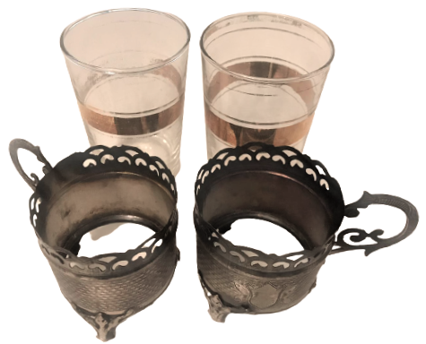 OSMANLI DAMGALI CİFT ISTAKA ÜZERİ KALEM İŞ KENDİ ALTIN  AGIZLI BARDAKLARIYLA