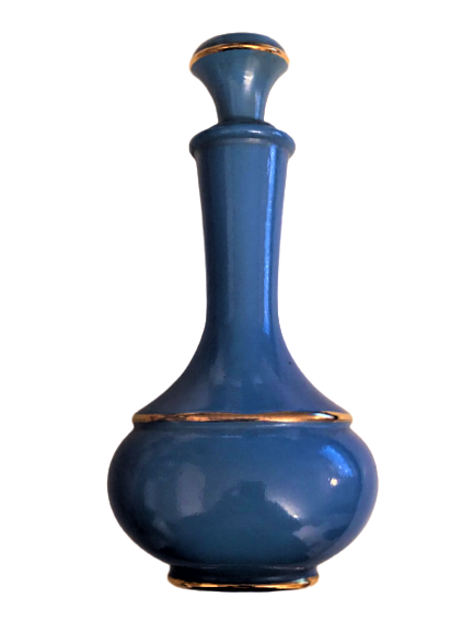 1960 OPALİN MAVİ RENKDE OPAL VE MANTARLI  KAPAKLI PARFÜM ŞİŞESİ