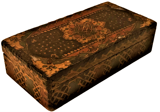 OSMANLI KIRLANGIC GECME EL YAPIM KAPAKLI ÜZERİ GEOMETRİK DESENLİ RENKLİ BOYA AHŞAP DEGERLİ EŞYA KUTUSU