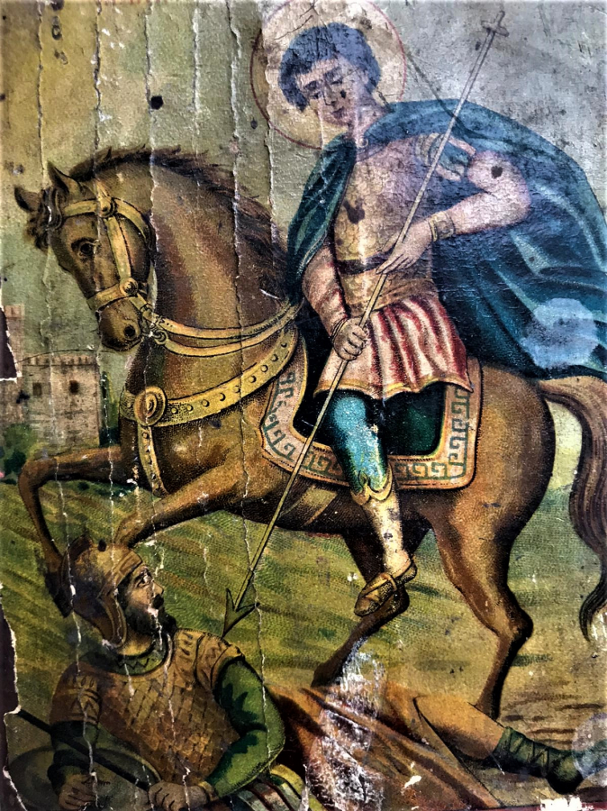 OSMANLI DÖNEMİ AHŞAP ÜZERİNE TAŞ RENKLİ BASKI KAGIT YAPIŞTIRILMIŞ ESKİ İKONA 