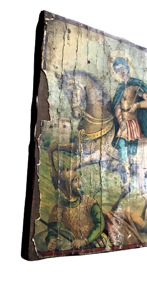 OSMANLI DÖNEMİ AHŞAP ÜZERİNE TAŞ RENKLİ BASKI KAGIT YAPIŞTIRILMIŞ ESKİ İKONA 