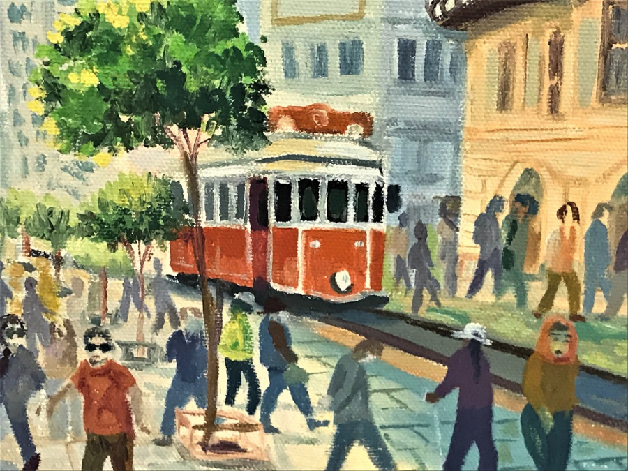 TURK RESSAM YAVUZ SARACOĞLU 2009 İMZALI TUAL ÜZERİ YAGLIBOYA BEYOGLU İSTİKLAL CADDESİ  TRAMVAY CALIŞMASI