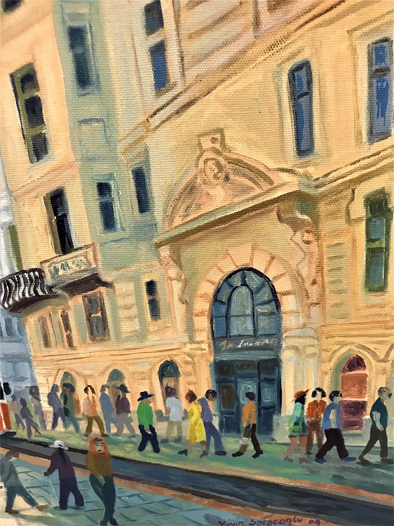 TURK RESSAM YAVUZ SARACOĞLU 2009 İMZALI TUAL ÜZERİ YAGLIBOYA BEYOGLU İSTİKLAL CADDESİ  TRAMVAY CALIŞMASI