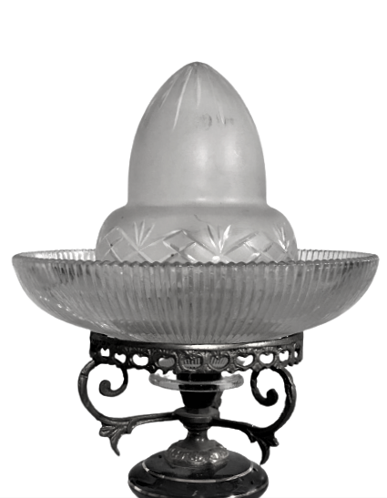 FRANSIZ BAŞ UCU GECE LANBASI PORSELEN GÖVDE BRONZ AYAK KİRISTAL FANUS VE ALT ÜZERİ EL ALTIN CEKME