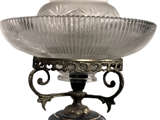 FRANSIZ BAŞ UCU GECE LANBASI PORSELEN GÖVDE BRONZ AYAK KİRISTAL FANUS VE ALT ÜZERİ EL ALTIN CEKME