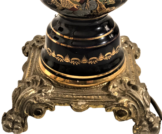 FRANSIZ BAŞ UCU GECE LANBASI PORSELEN GÖVDE BRONZ AYAK KİRISTAL FANUS VE ALT ÜZERİ EL ALTIN CEKME