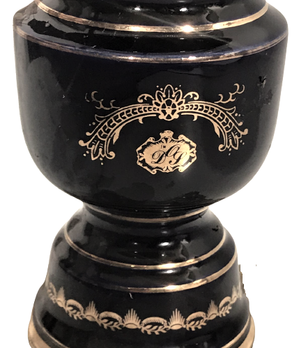 FRANSIZ BAŞ UCU GECE LANBASI PORSELEN GÖVDE BRONZ AYAK KİRISTAL FANUS VE ALT ÜZERİ EL ALTIN CEKME